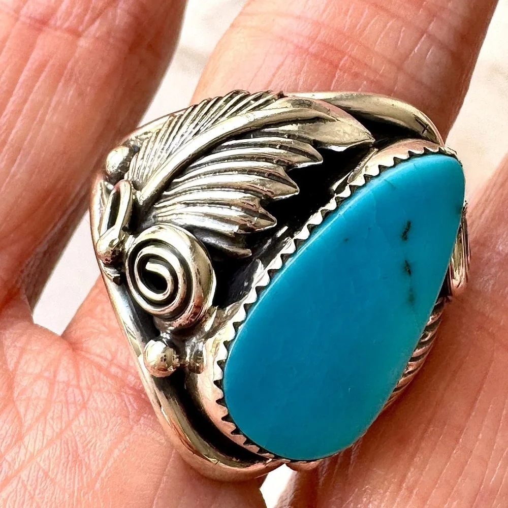 Navajo Turquoise Mens Ring Sz 12 Leaf Feather Signed Morgan Sterling Native Amer